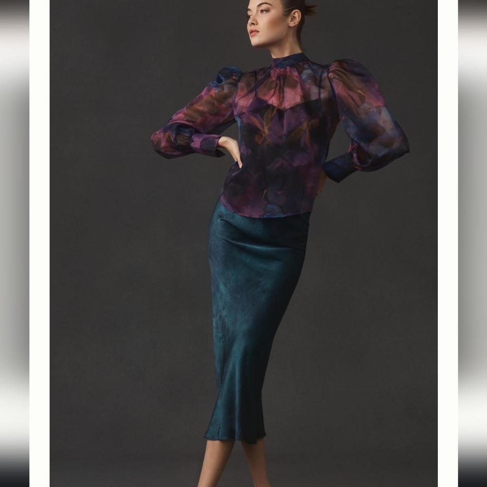 Anthropologie Organza Back Bow Puff Sleeve Blouse Size XS Black Purple B… - Picture 2 of 14